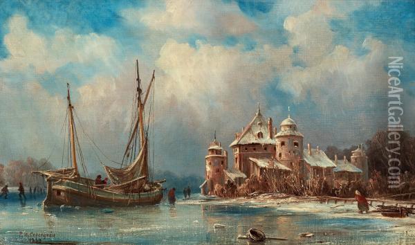 Landscape In Winter With A Lake And A Castle Oil Painting - Per Wilhelm Cedergren