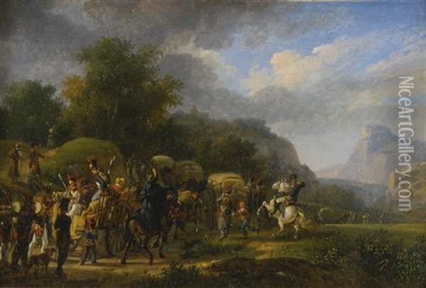 A Military Convoy In A Mountainous Landscape Oil Painting - Auguste-Xavier Leprince