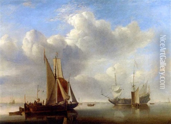 A Wijdschip And A Kaag Under Sail In A Very Light Air (after Willem Van De Velde, The Younger) Oil Painting - Edward William Cooke