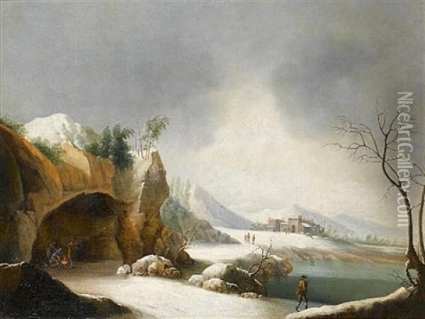 A Winter Landscape With Figures Around A Campfire At The Mouth Of A Grotto Oil Painting - Jules Cesar Denis van Loo