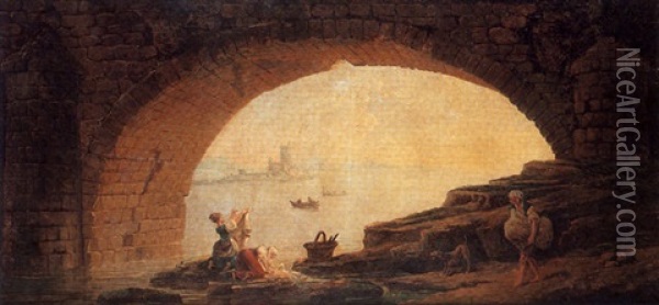 Vue Vers La Cote Mediterraneenne Depuis L'arche D'un Pont Avec Des Lavandieres Oil Painting - Hubert Robert