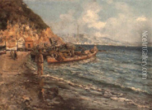 An Italian Beach With Fishing Boats Returning Home Oil Painting - Giuseppe Giardiello