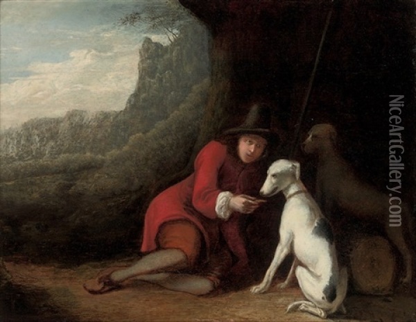 A Wooded Landscape With A Traveler At Rest With His Dogs Oil Painting - Ludolf de Jongh