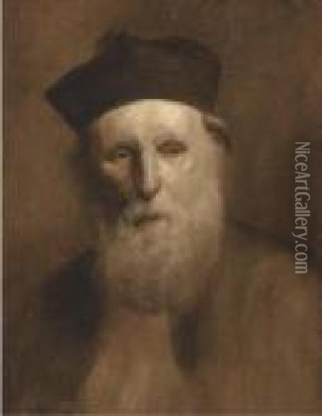 Portrait Of A Priest, Bust-length, In Traditional Hat And Robes Oil Painting - Eugene Carriere