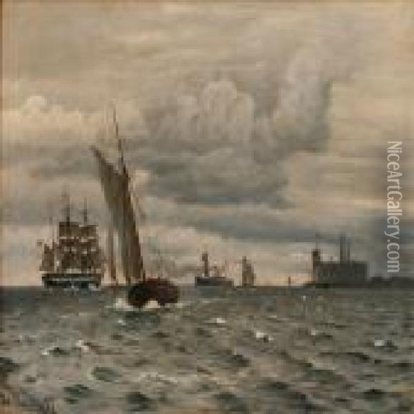 Coastal Scene From Elsinor Castle With Sailingships On The Sea Oil Painting - Christian Vigilius Blache