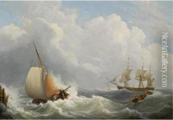 Sailing Vessels Off The Coast Oil Painting - Martinus Schouman
