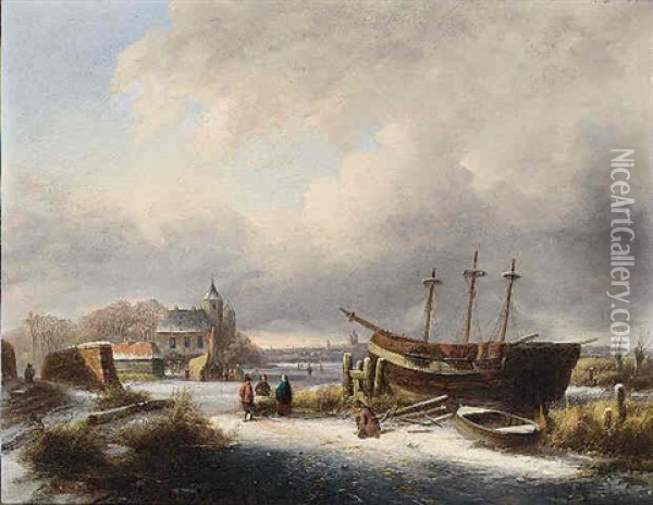 Winter Landscape With Figures By A Boat Oil Painting - Johanes Petrus van Velzen