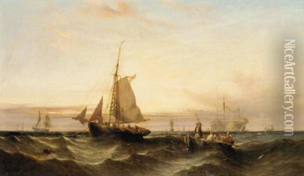 Throwing Lobster Pots At Dawn; Raising The Catch At Sunset Oil Painting - William Calcott Knell