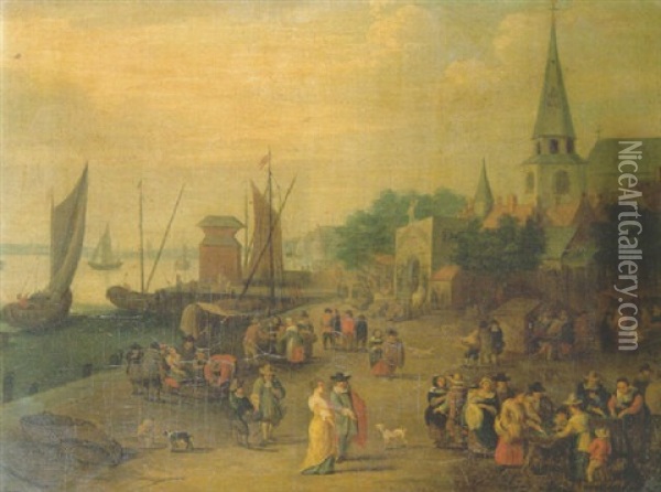 A Fishmonger On A Quay Outside A City Gate Oil Painting - Peter Gysels