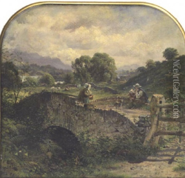 Pastoral Landscape With Figures On A Bridge Oil Painting - Erskine Nicol