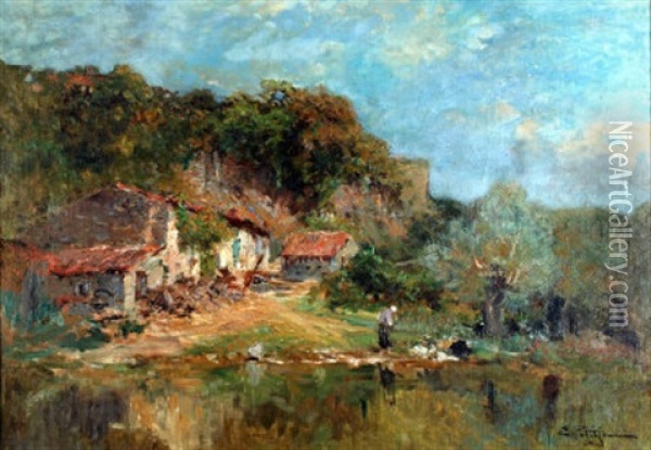 Riverside Cottages Oil Painting - Edmond Marie Petitjean