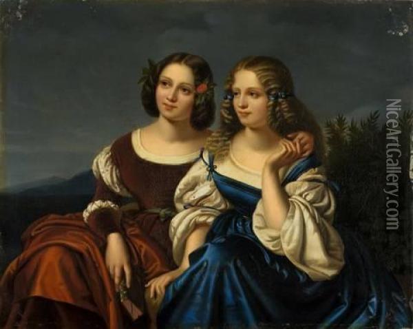 Zwei Junge Damen Vor Landschaft Oil Painting - Karl Begas