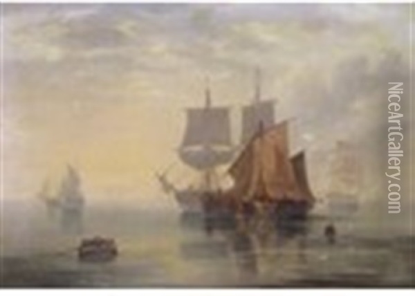 Fishing Boats In A Calm Oil Painting - John Wilson Carmichael