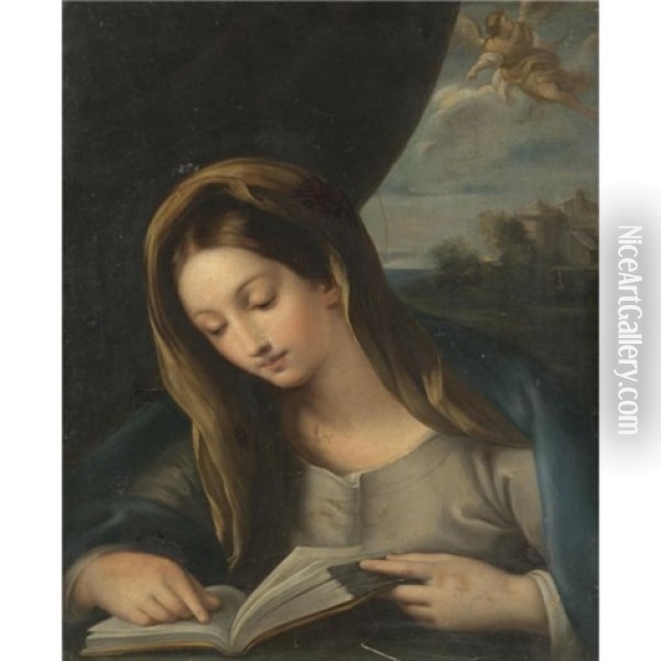 The Madonna Reading, The Angel Gabriel Approaching From The Sky Oil Painting - Carlo Maratta