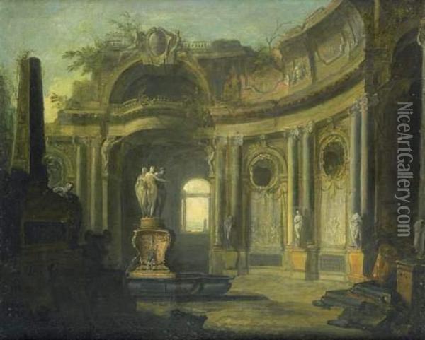 Architecture De Fantaisie A La Colonnade Et A La Fontaine Oil Painting - Jacques de Lajoue