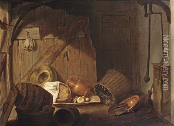 A Barn Interior With Baskets, Barrels, Pottery, A Pump To The Right And A Bundle Of Dried Laice Hanging On A Wall Partition To The Left Oil Painting - Jan Davidsz De Heem