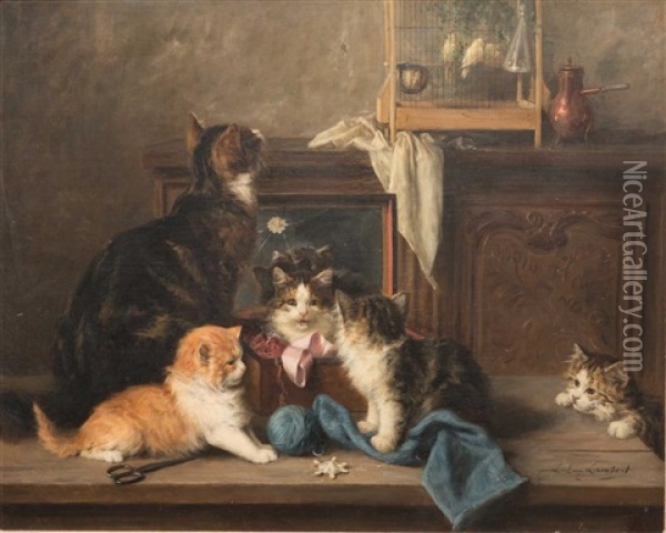 Cats Playing Oil Painting - Louis Eugene Lambert