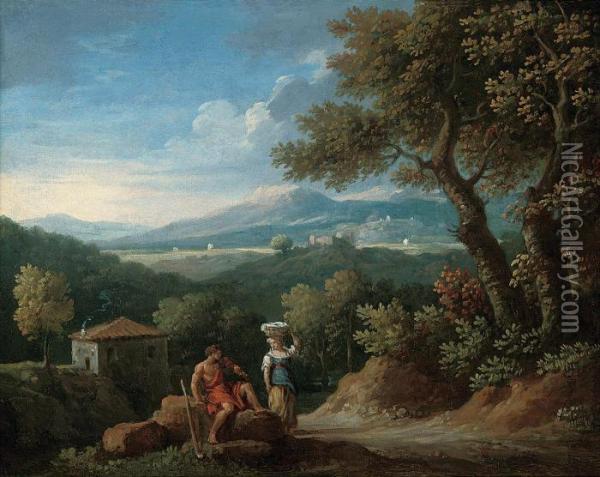 An Extensive Wooded Landscape 
With A Shepherd And A Washerwoman Conversing, A Cottage Beyond Oil Painting - Jan Frans Van Bloemen (Orizzonte)