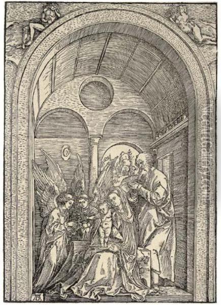 The Holy Family With Two Angels In A Vaulted Hall Oil Painting - Albrecht Durer