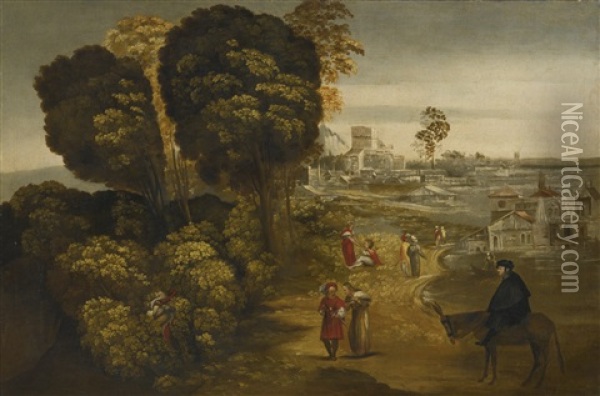 A River Landscape With Figures On A Country Road, A View Of A Town In The Distance Oil Painting - Dosso Dossi