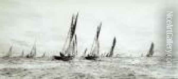 By And After, Sailing Boats, Etching, Signed In Pencil, 17cm X 38cm Oil Painting - William Lionel Wyllie