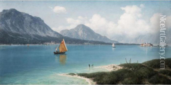 Italian Lake Scene Oil Painting - Josef Von Schlogl