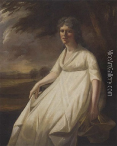 Portrait Of Miss Janet Symington In A White Muslin Short-waisted Dress, Holding Her Hat And Gloves, In A Landscape Oil Painting - Sir Henry Raeburn