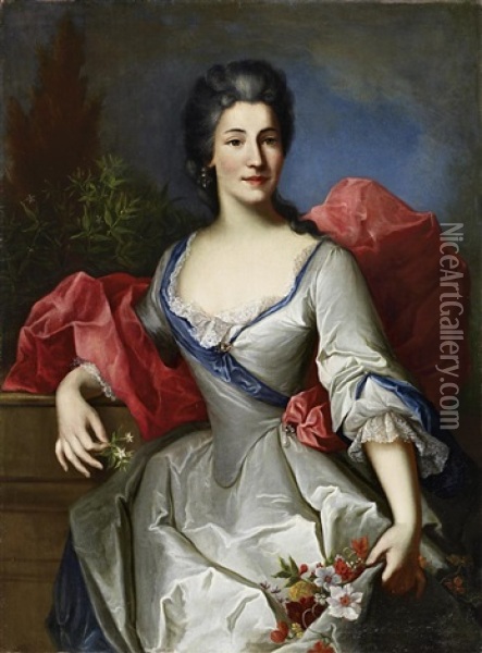 Portrat Einer Hofdame Im Seidenen Kleid Mit Blumen In Der Hand Oil Painting - Johann Rudolf Daelliker