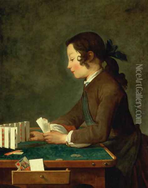 Boy Building a Castle of Cards Oil Painting - Jean-Baptiste-Simeon Chardin