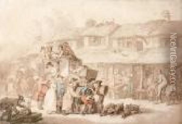 Peasants With An Oxcart In A German City Oil Painting - Thomas Rowlandson