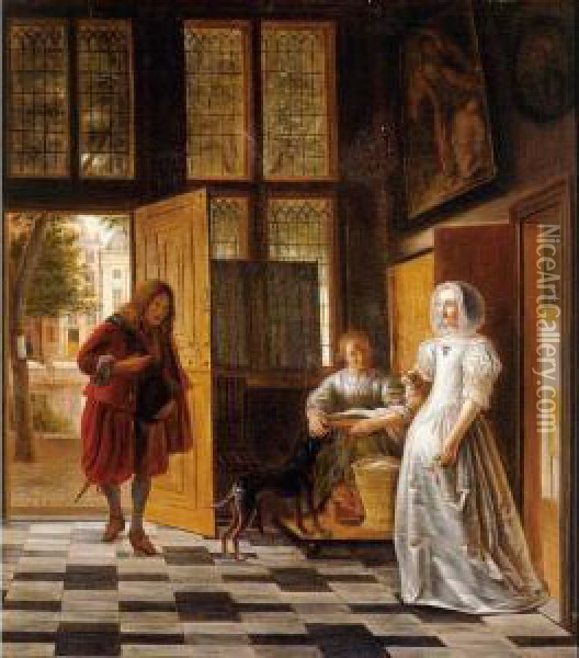 A Woman Receiving A Man At A Door Oil Painting - Pieter De Hooch