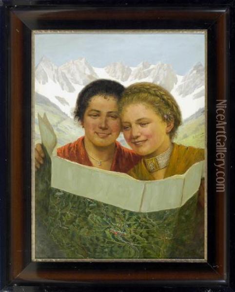 Zwei Dirndl In Den Allgauer Bergen Beim Studieren Einer Landkarte Oil Painting - Theodor Kleehaas