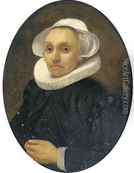 Portrait of a lady, half-length, in a white ruff and cap Oil Painting - Willem Drost