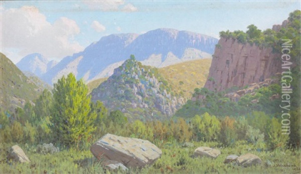 Two Landscapes: 1. 'kloof En Berg (vette River Valley), Riversdale'; 2. 'in The Gorge Of Garcia's Pass, Riversdale' Oil Painting - Jan Ernst Abraham Volschenk