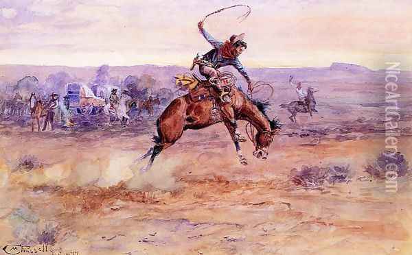 Bucking Bronco Oil Painting - Charles Marion Russell