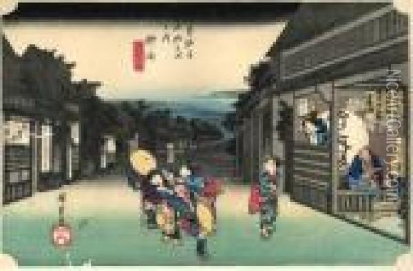 Les 53 Stations Du Tokaido, Gyou, Tabibito Tome-onna Oil Painting - Utagawa or Ando Hiroshige