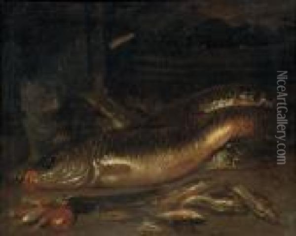 Various Fish, A Wicker Basket With Mussels And A Cat Oil Painting - Pieter Van Boucle