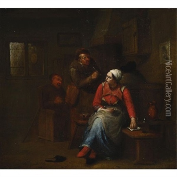 Two Peasants And A Woman In An Inn Oil Painting - Egbert van Heemskerck the Elder