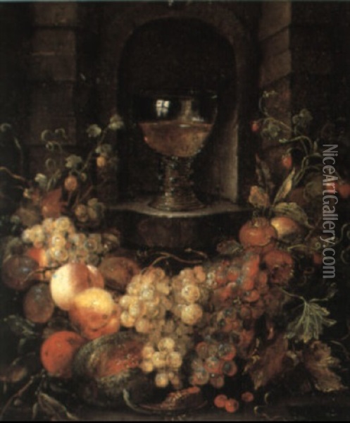 A Still Life Of Fruit Below A Roemer On A Ledge Oil Painting - Jan Pauwel Gillemans The Elder