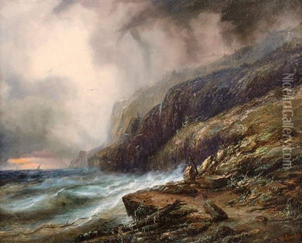 Sturmische Kustenlandschaft Mit Segelbooten Im Hintergrund Oil Painting - Andreas Achenbach