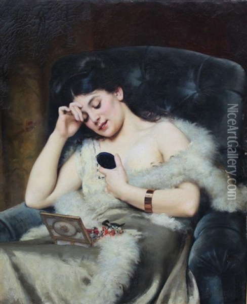 Jeune Femme A Son Coffret De Bijoux Oil Painting - Victor Tortez