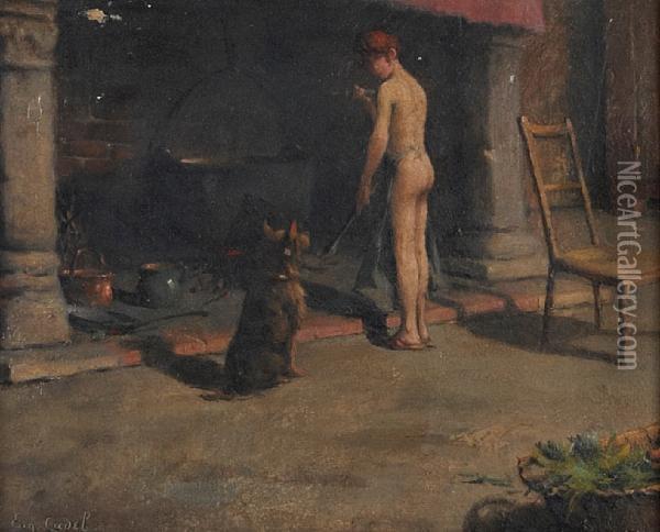At The Fireplace Oil Painting - Eugene Cadel