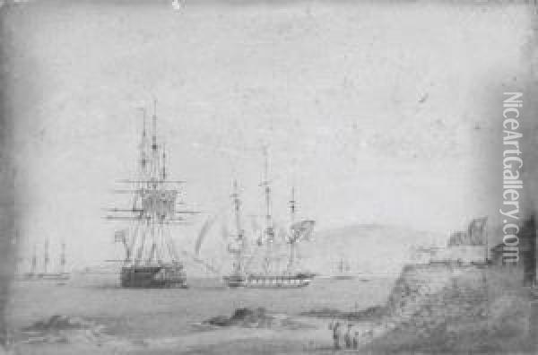A British Frigate Getting Under 
Way Off A Chilean Fortress, A British Two-decker And A French Frigate 
Anchored Nearby Oil Painting - Condy, Nicholas Matthews