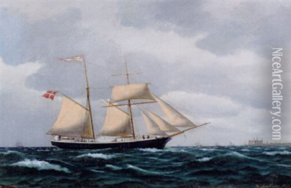 Marine Med Dansk Sejlskib Ud For Kronborg Oil Painting - Carl Ludvig Thilson Locher