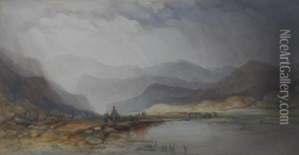 Lake With Mountains, Figures And Cattle Oil Painting - Charles Bentley