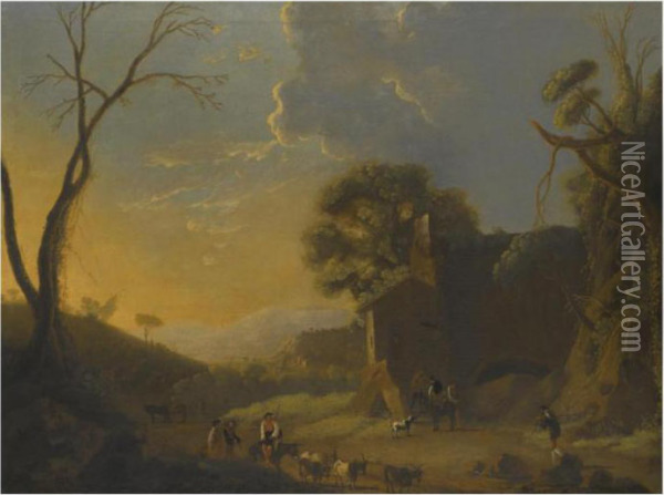 An Extensive Italianate 
Landscape With Travellers And Goat Herdersresting In The Foreground Oil Painting - Herman Van Swanevelt