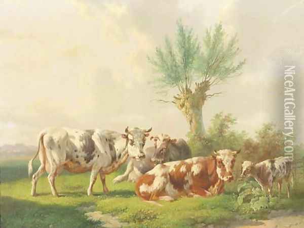 Cows in a field Oil Painting - Albertus Verhoesen