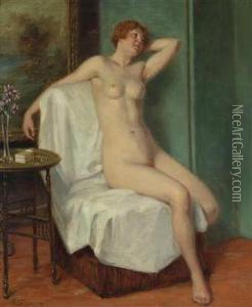 Femalenude Sitting Oil Painting - Viktor Schivert