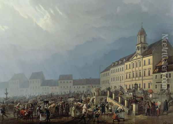 Market Place at Teplice in a Rain Storm, 1843 Oil Painting - Carl Robert Croll