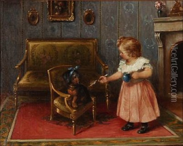 Interior With A Little Girl Feeding Her Dog Oil Painting - Josef Heimerl